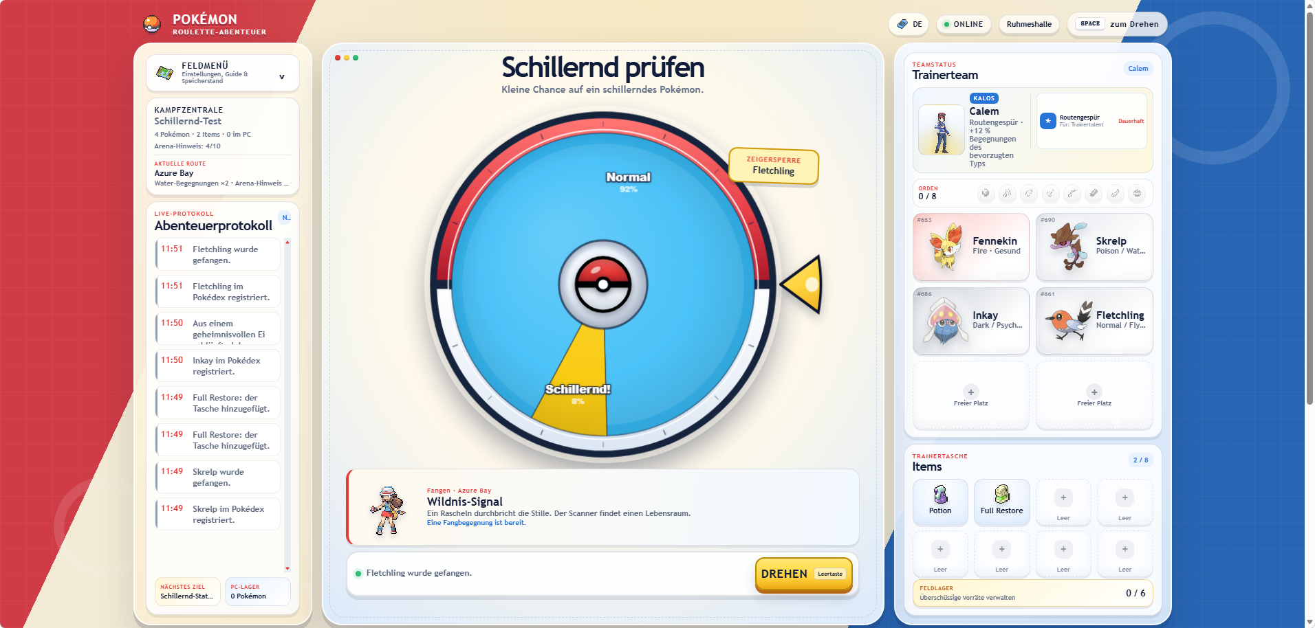 Pokemon Roulette Adventure game showing the wheel, trainer team, items, and journey log